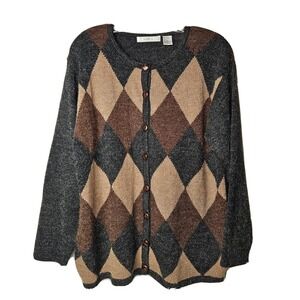 Lise J Women's Vtg Black Brown‎ Argyle Cardigan Sweater LARGE Grandpacore Preppy